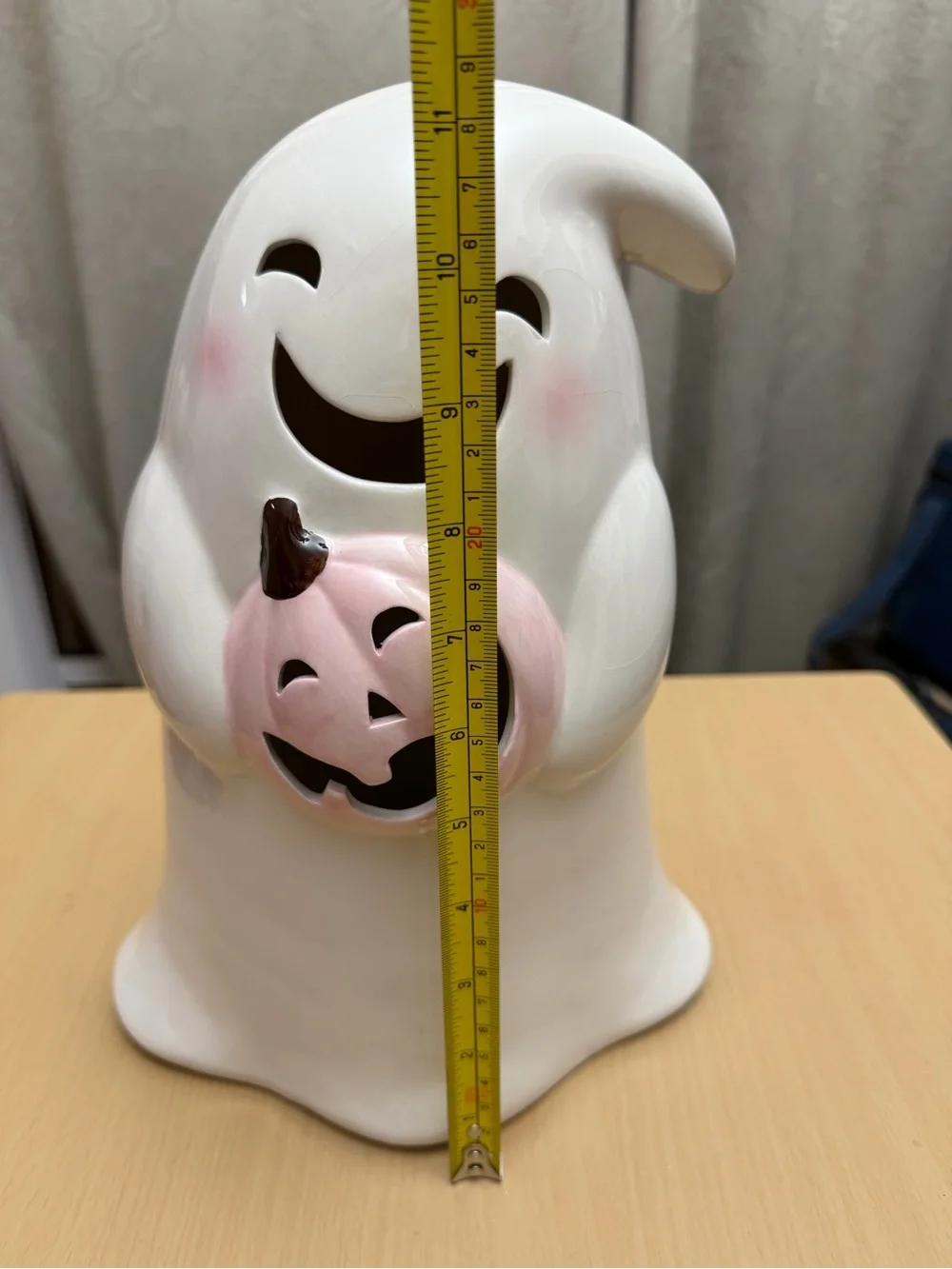 Lighted Ceramic White Ghost with Pink Pumpkin Halloween Accent